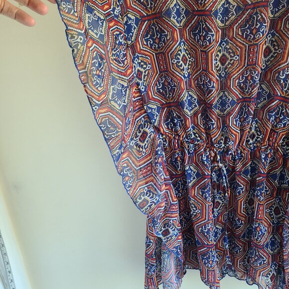 Jessica Simpson Sheer Tunic Blouse L Blue Red Ruffles Sheer Elastic Waist Boho - Picture 5 of 12